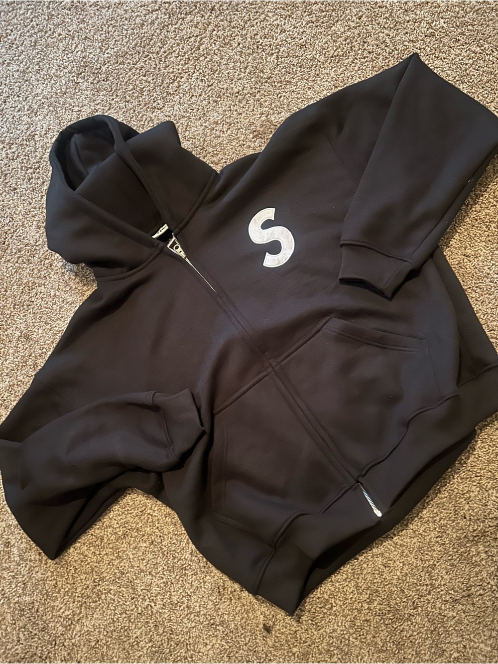 Embroidered 'S' Black Zip-Up Hoodie